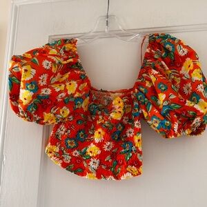Zara Orange Puff Sleeves Smocked Cropped Top